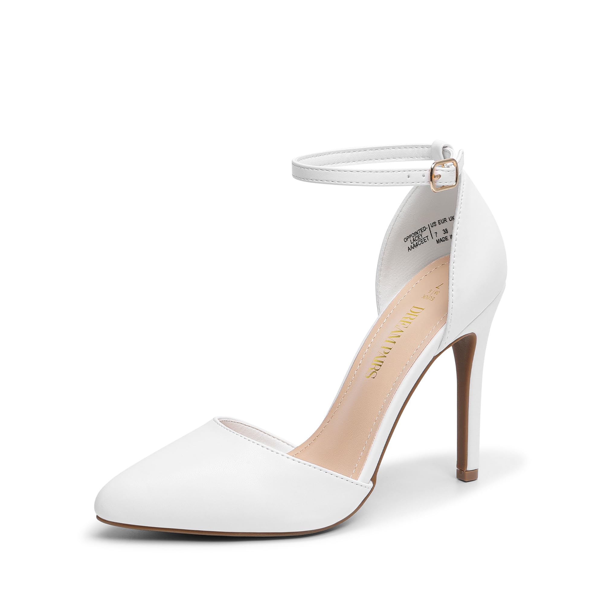 DREAM PAIRS Women's Oppointed-Lacey Pointed Toe Ankle Strap High Heel Stiletto Pumps Wedding Dress Shoes,Size 9,White/Pu,Oppointed_Lacey