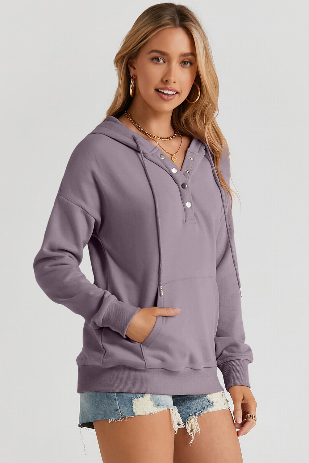 Dokotoo Oversized Sweatshirt for Women Winter Clothing Drawstring Womens Hoodies Button Collar Fleece Long Sleeve with Pockets Hooded Pullover Casual Loose Fit Cute Hoodie Tops Shirts Purple Small