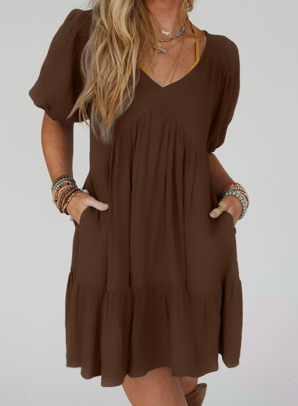 Acelitt Women's Summer Dresses 2026 Beach Casual Deep V Neck Loose Sundress Short Sleeve Mini Dress with Pockets Chicory Coffee Small