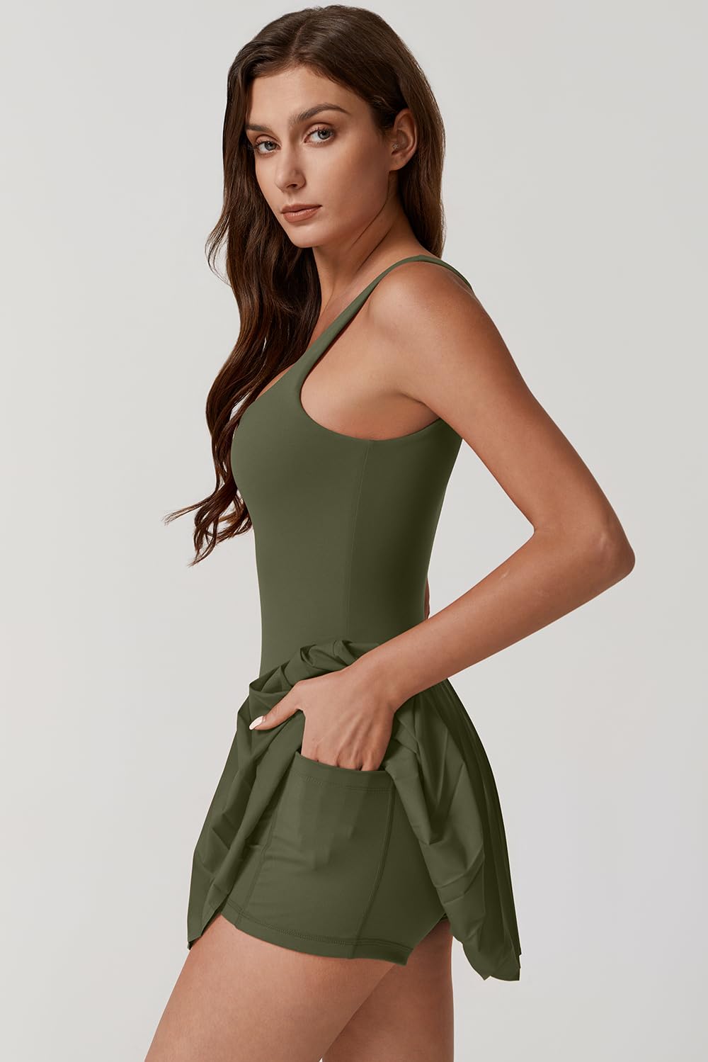 QINSEN Womens Pleated Tennis Summer Square Neck Workout Dress with Built-in Shorts Army Green S