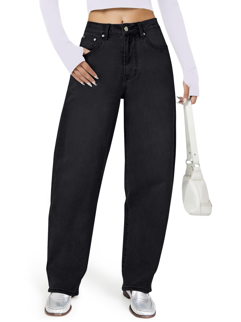 AUWUKA Barrel Jeans for Women, High Waisted Wide Straight Leg Boyfriend Microelastic Womens Mom Jeans Black
