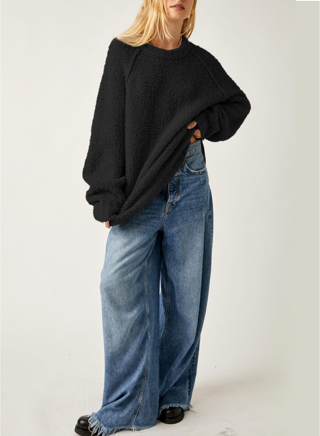 Women's Crew Neck Oversized Sweaters 2025 Fall Batwing Sleeve Pullover Tunic Sweater 6108 Black M