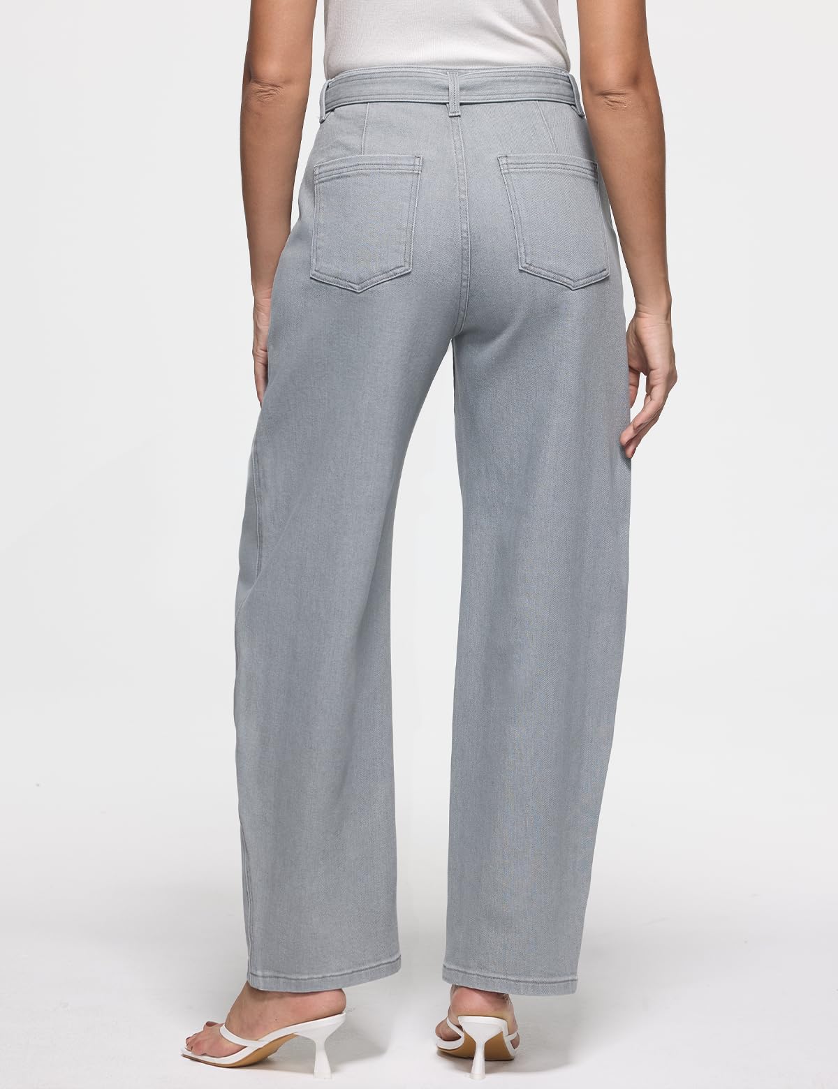 ZPIUO Barrel Jeans for Women - High Waisted Baggy Wide Leg Stretchy Denim Pants with Detachable Belt - Grey Size 8