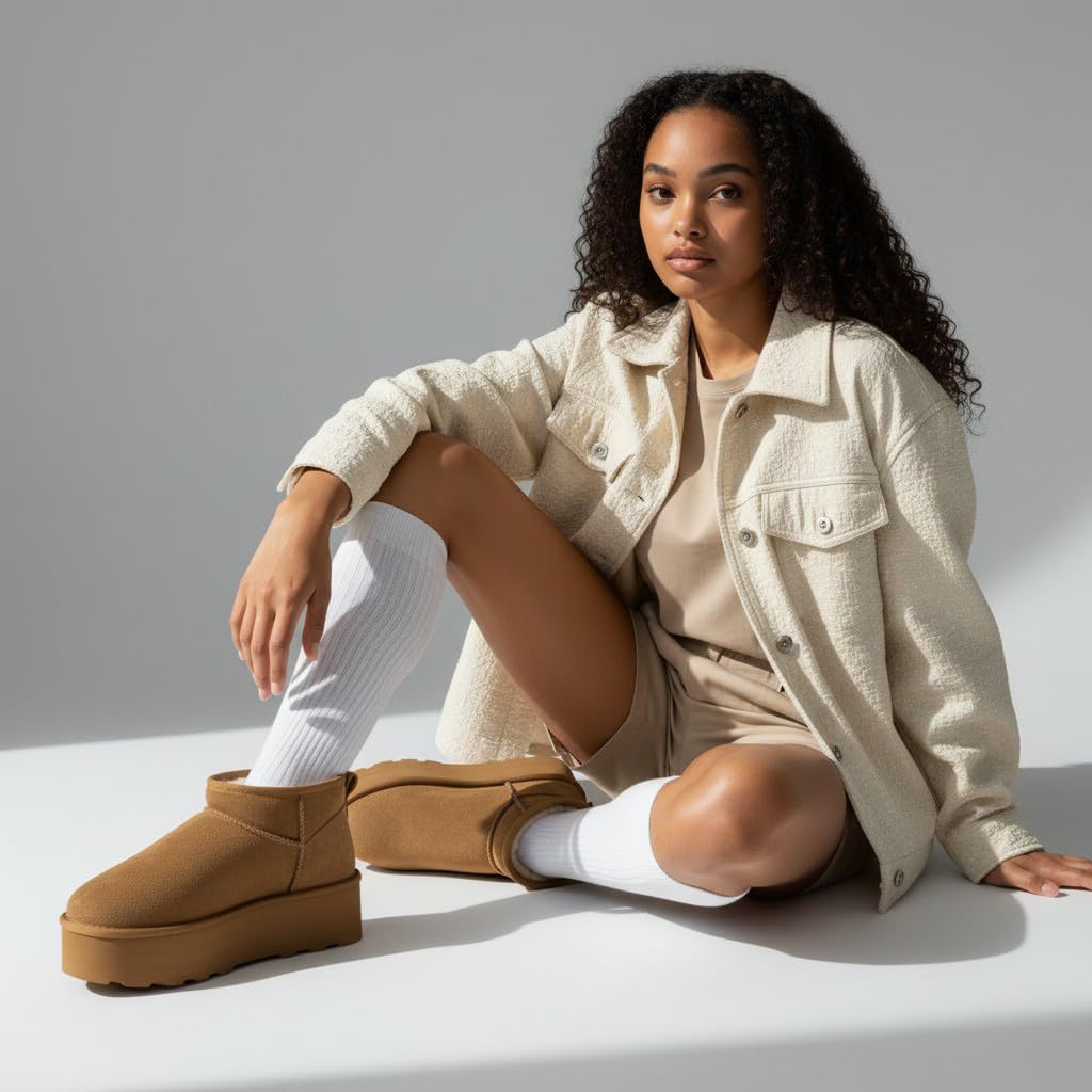 CUSHIONAIRE Hippy Women’s Platform Ankle Boots – Genuine Suede, Faux Fur Lining, Cozy Winter Slip-On Design Mini boots, CHESTNUT 7