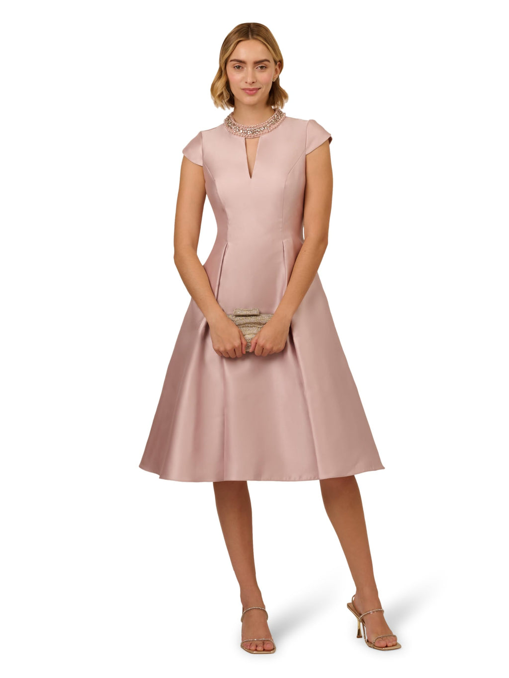 Adrianna Papell Women's Keyhole Mikado Midi Dress | Formal Cocktail Dress with Embellished Collar & Pleated Midi Skirt