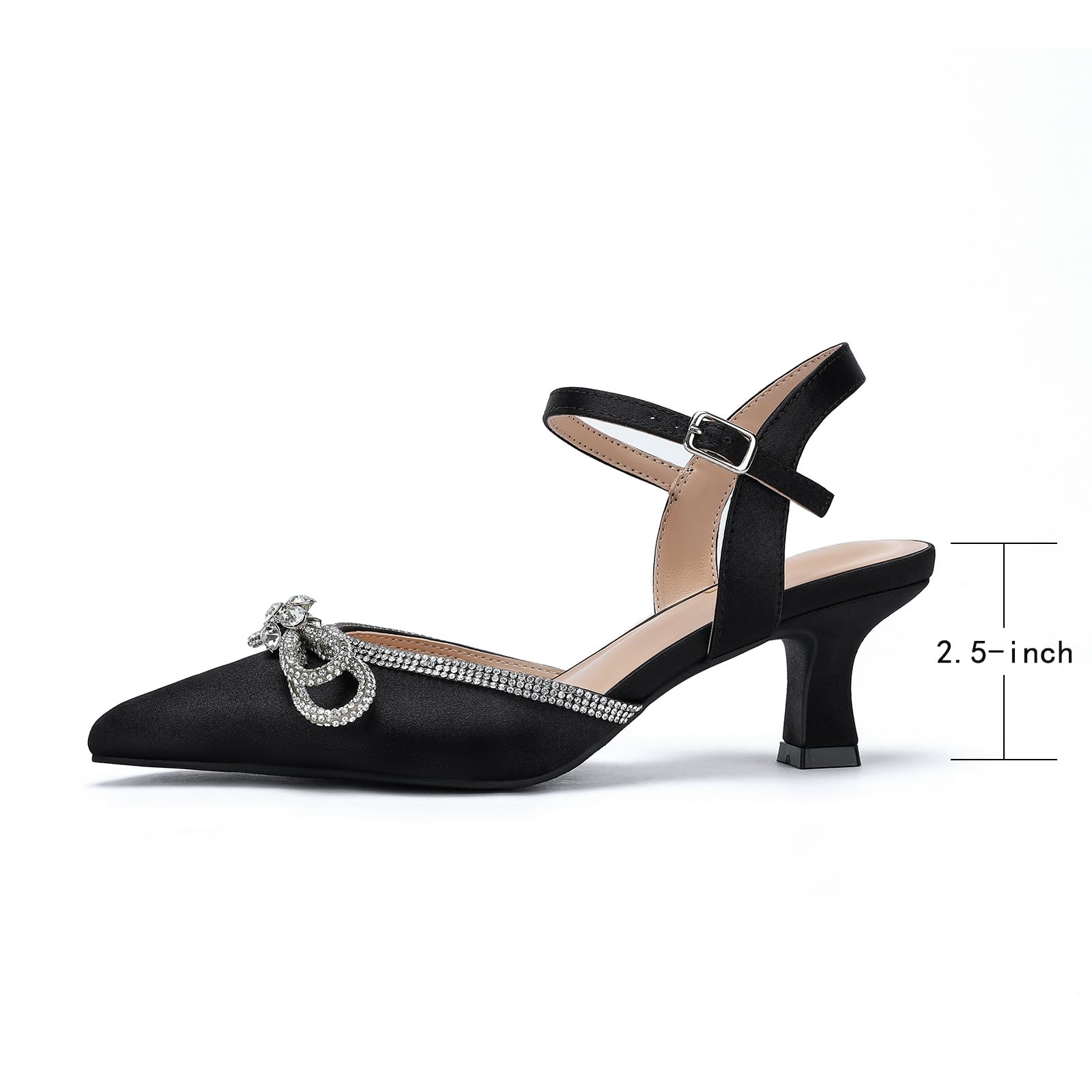 DOBOLIN Wide Width Black Kitten Heels Closed Toe Pumps for Women Rhinestone Bow Ankle Strap Wedding Bridal Party Office Daily Shoes, US Size 6