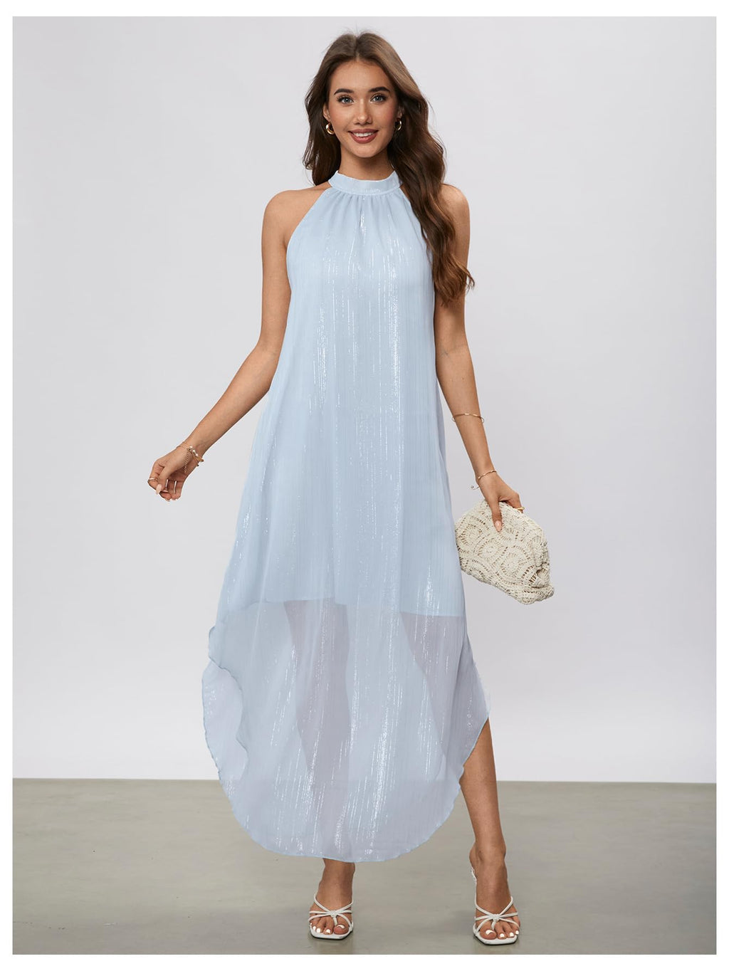 Verdusa Women's Wedding Guest Dress Halter Flowy Chiffon Asymmetrical Long Summer Prom Dress Sequin Light Blue X-Large