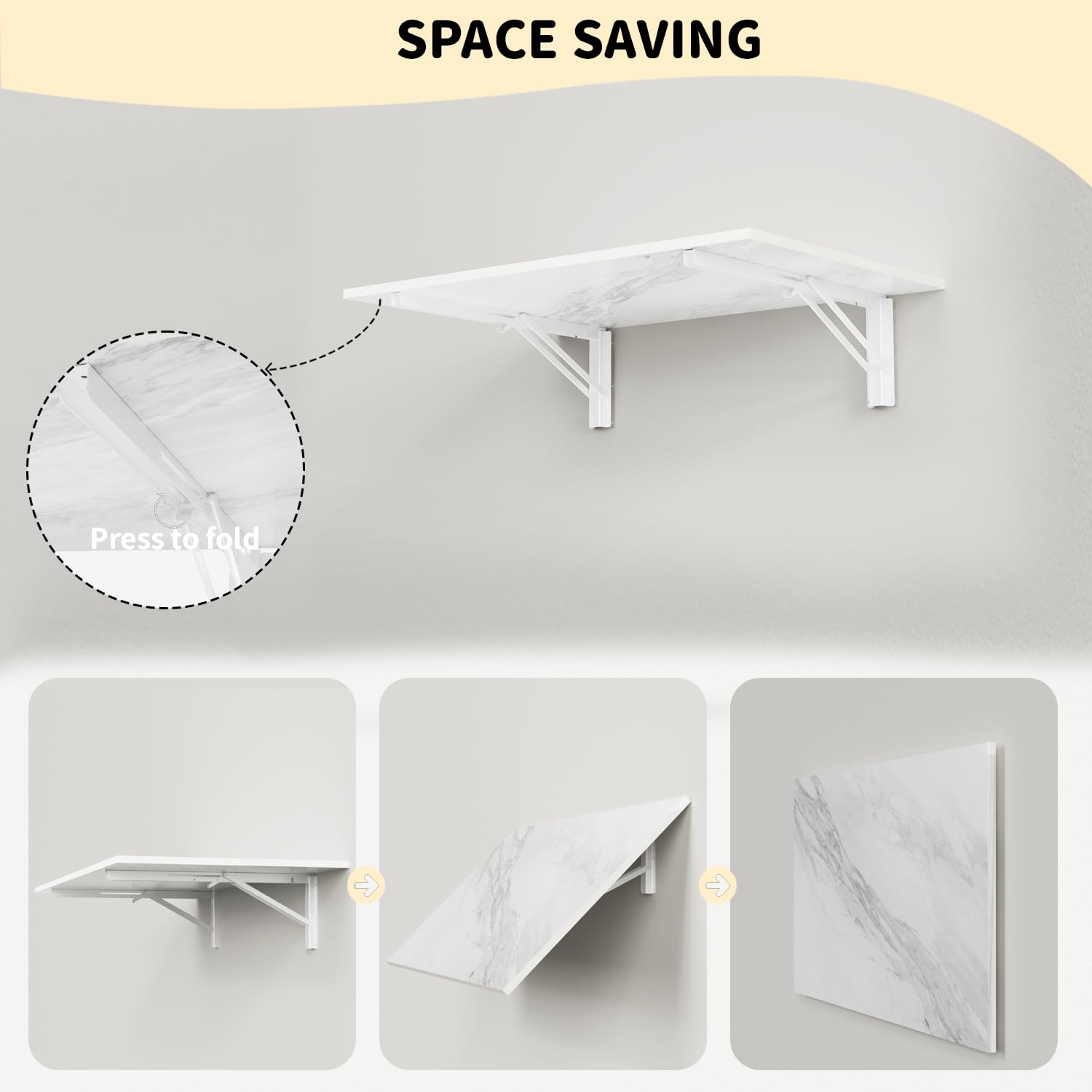 GOYLSER Wall Mounted Table Fold Down Workbench Length 25" Width 15.7", White Marble Laundry Floating Desk for The Garage/Shed/Office/Bar/Home Kitchen & Dining Room
