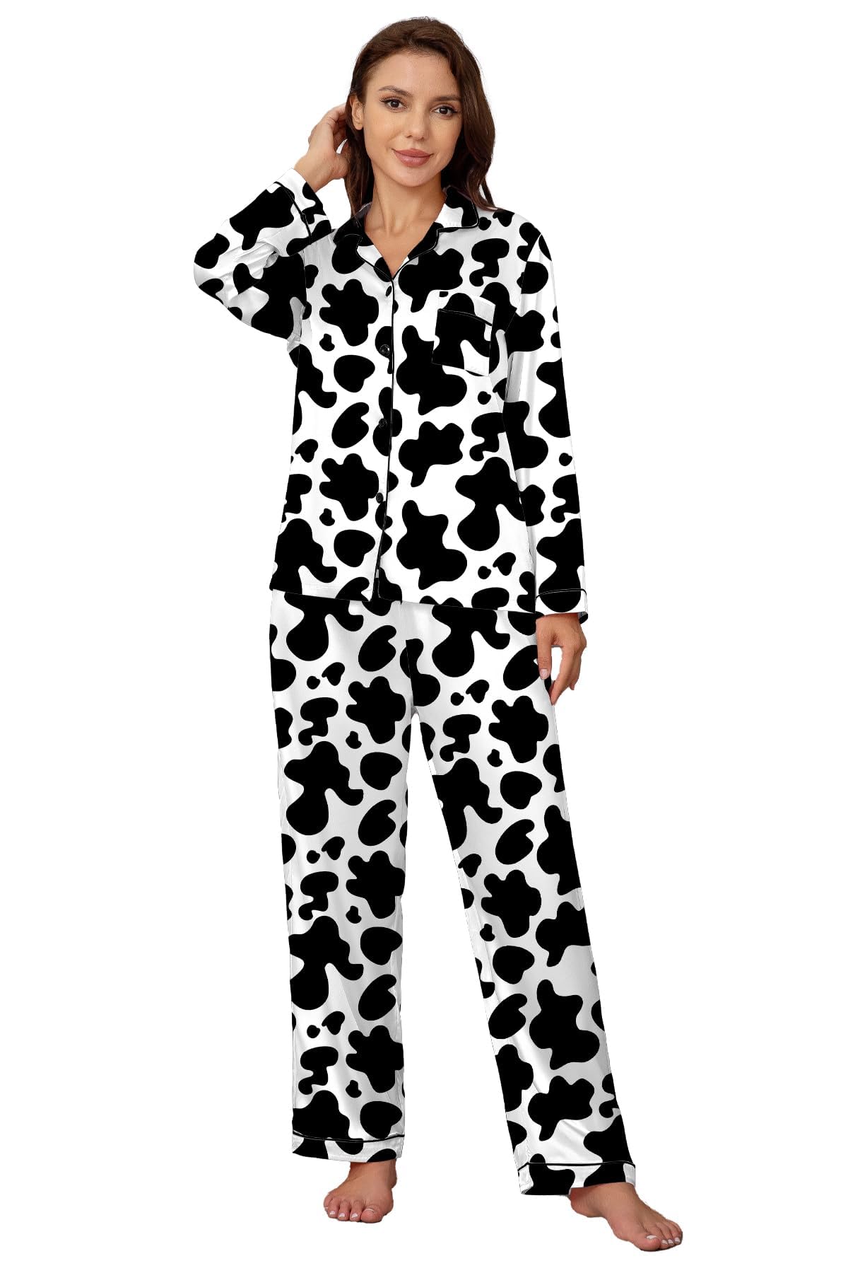 Silk Pajamas for Girls Satin Long Sleeve Button Down PJ Set Two-Piece Sleepwear for Kids, Cow Print, 4-5T