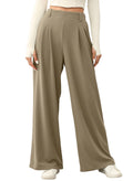 EVALESS Wide Legged Pants for Women Waffle Knit Elastic High Waisted Cute Girls Loose Fited Palazzo Pants Trousers with Pockets Petite Taupe Small