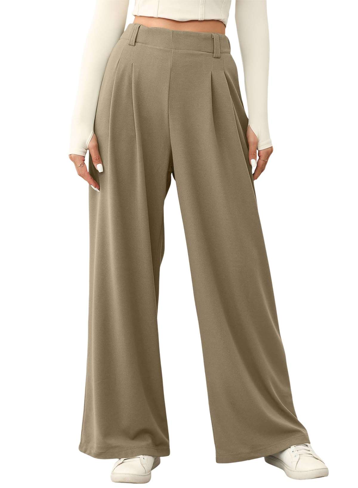 EVALESS Wide Legged Pants for Women Waffle Knit Elastic High Waisted Cute Girls Loose Fited Palazzo Pants Trousers with Pockets Petite Taupe Small