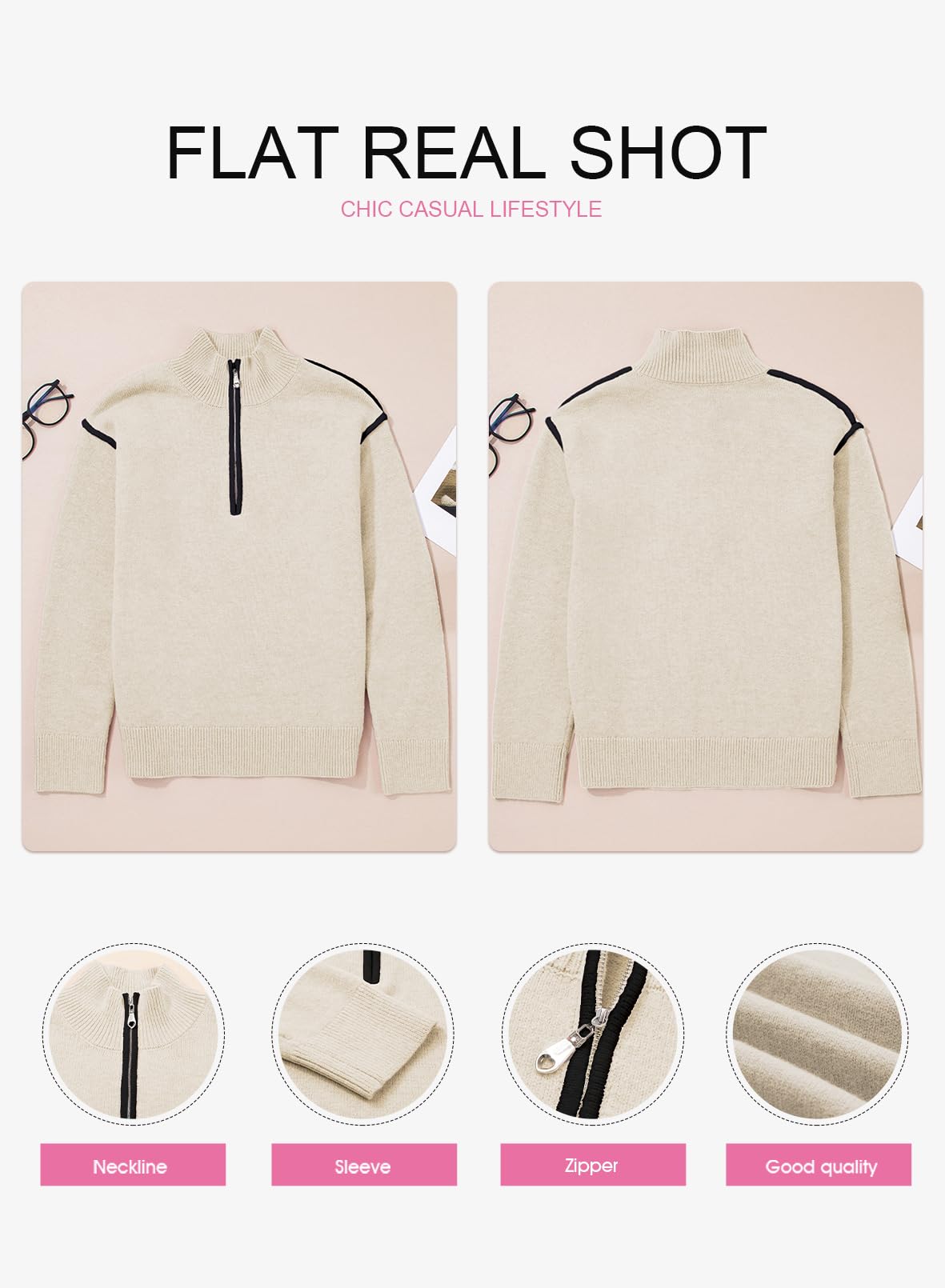 EVALESS Women's Casual Long Sleeve Quarter Zip Pullover Sweaters 2025 Fashion Trendy Fall V Neck Collar Ribbed Knitted Chunky Loose Clothes Outfits,Beige Small