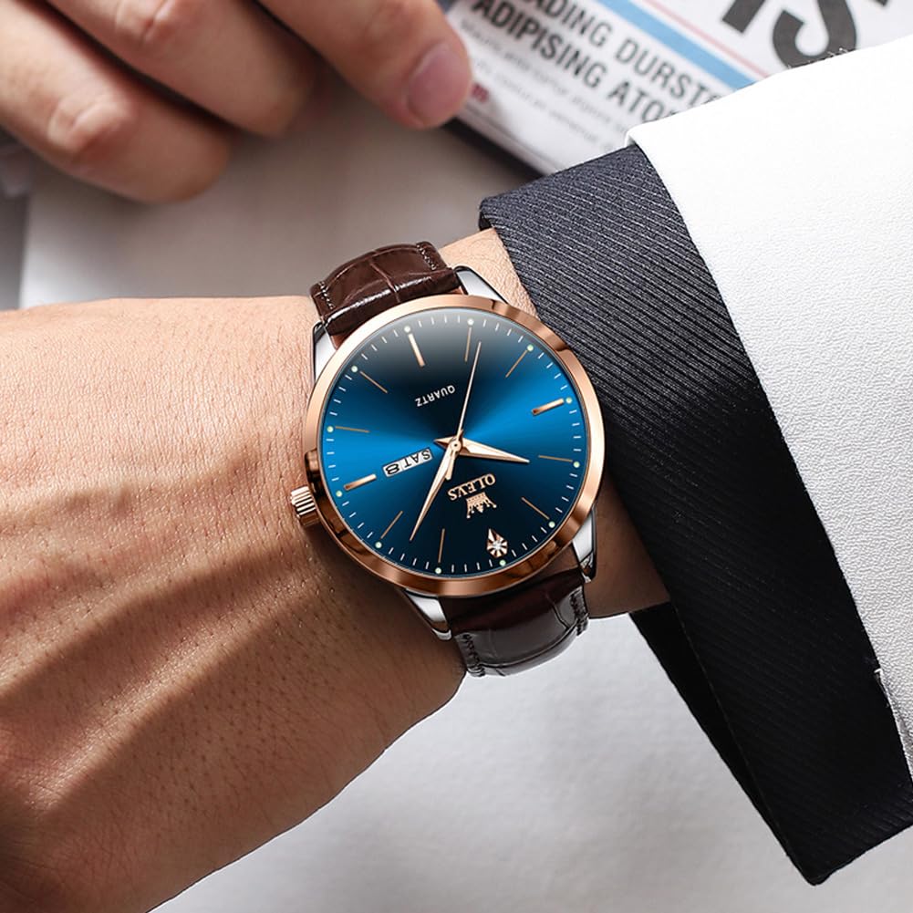 OLEVS Dress Watches Mens Brown Leather Band Waterproof Casual Large Blue Dial Watch for Men Original Classic Stainless Steel Case Luxury Analog Simple Watch Men Classy Fashion Business Watch for Men