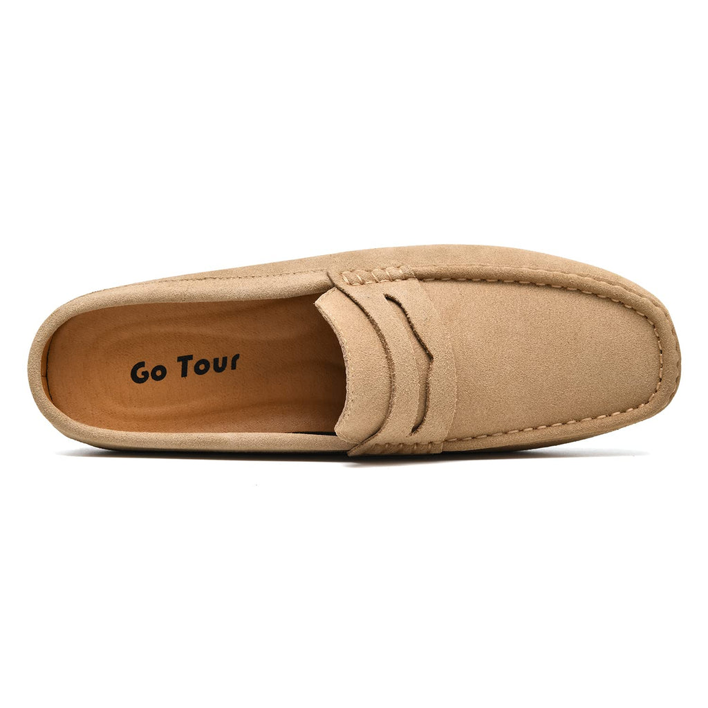 Go Tour Mens Handmade Suede Leather Mules Clog Slippers Breathable Leather Slip on Shoes Casual Loafers Beige 11/46