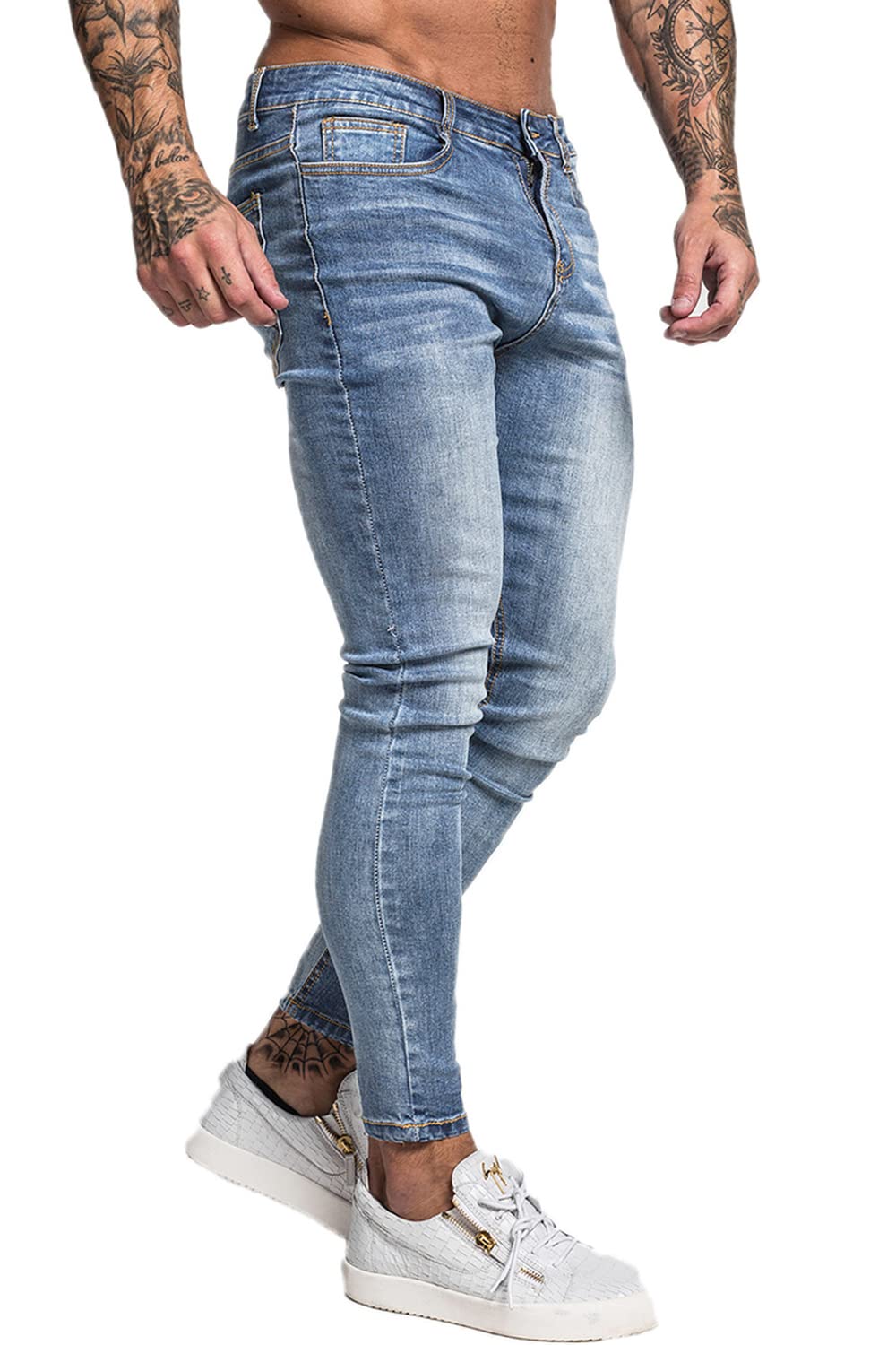 GINGTTO Skinny Jeans Men Slim Fit Stretch Blue Jeans Tapered Leg Elastic Waist 32