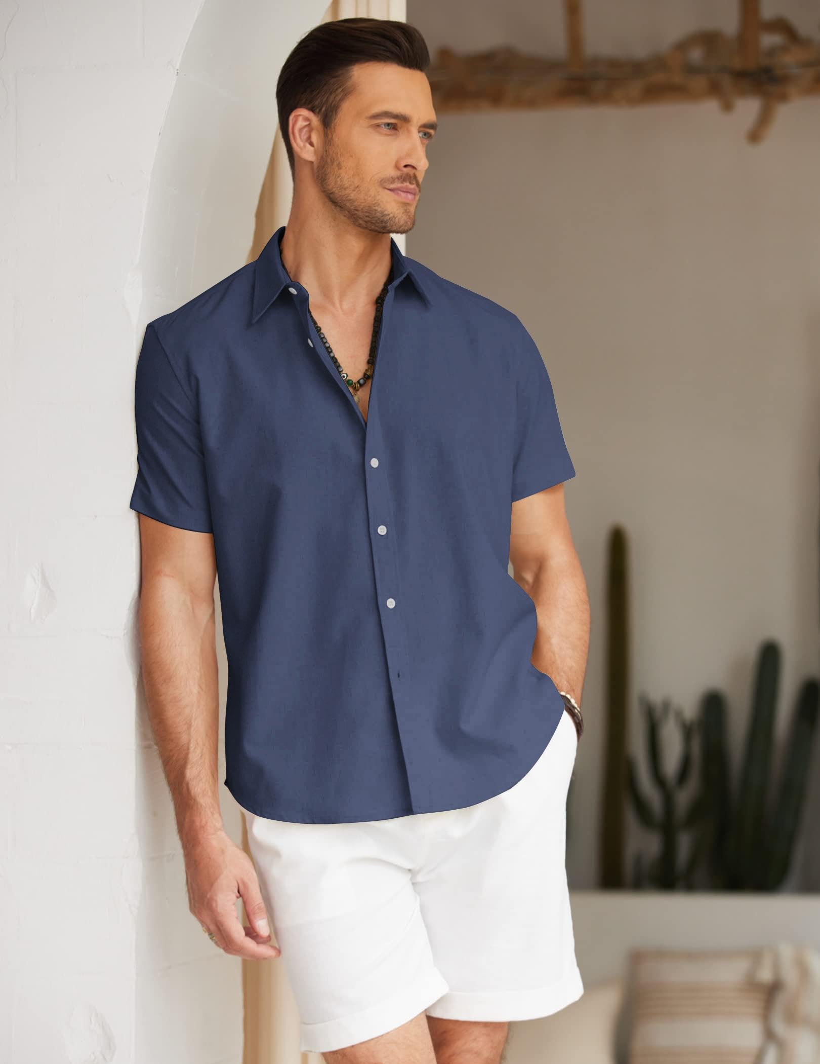 COOFANDY Men's Linen Short Sleeve Outfit Spring Shirt Lightweight Vacation Shirt Navy Blue