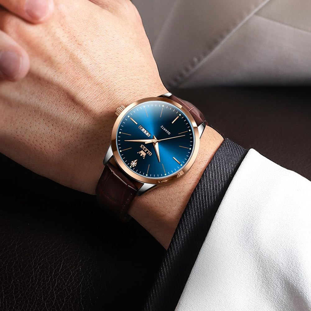 OLEVS Dress Watches Mens Brown Leather Band Waterproof Casual Large Blue Dial Watch for Men Original Classic Stainless Steel Case Luxury Analog Simple Watch Men Classy Fashion Business Watch for Men