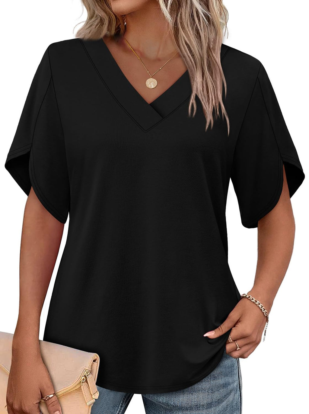 WIHOLL Womens Tops Short Sleeve Shirts Summer Outfits 2026 Blouses for Women Dressey Casual Beach Vacation Clothes Fashion Clothing Business Black XL
