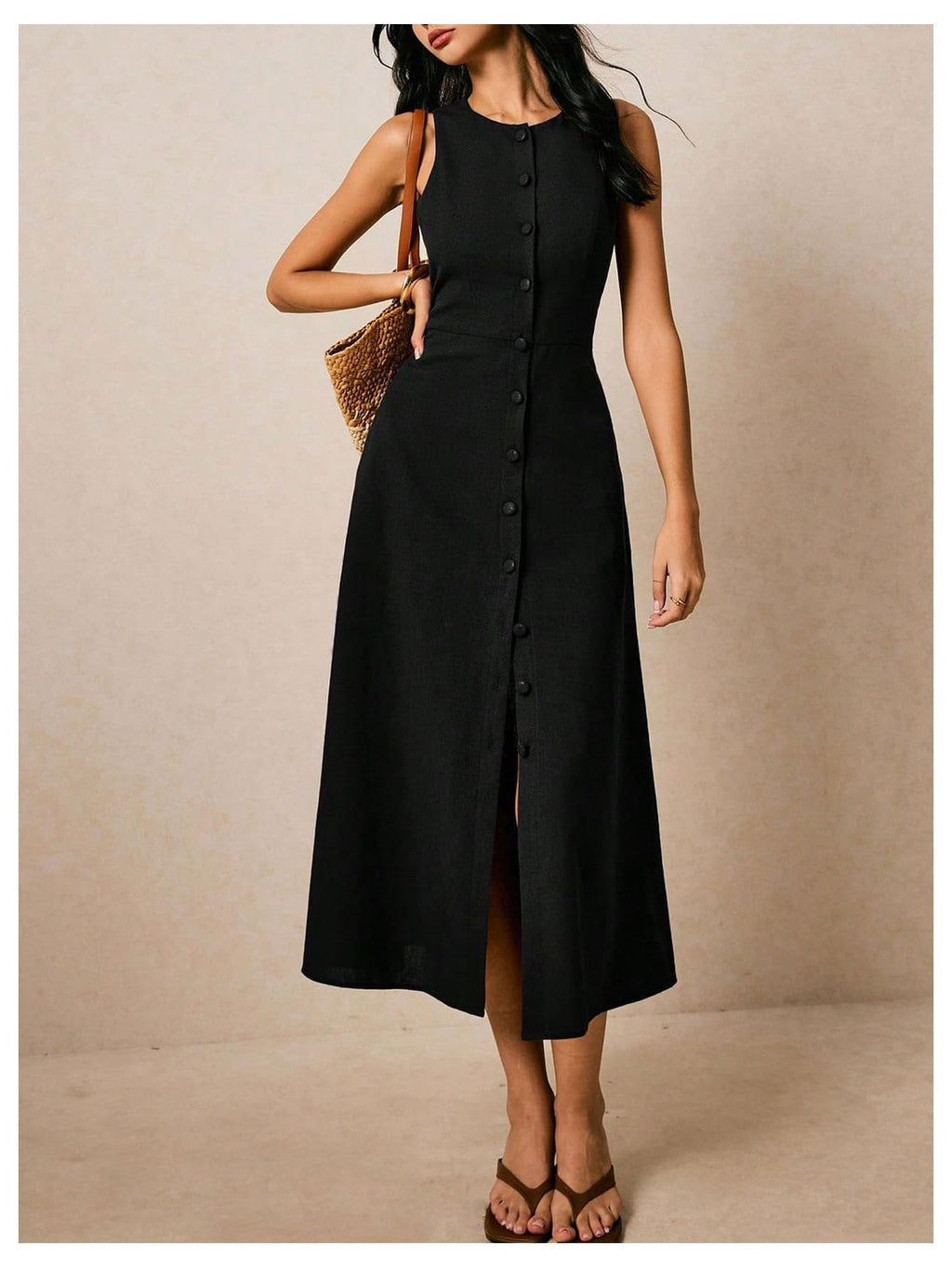 WDIRARA Women's Button Down Sleeveless Midi Dress Crew Neck Tie Back Dressy Tank Dress with Pockets Black Medium