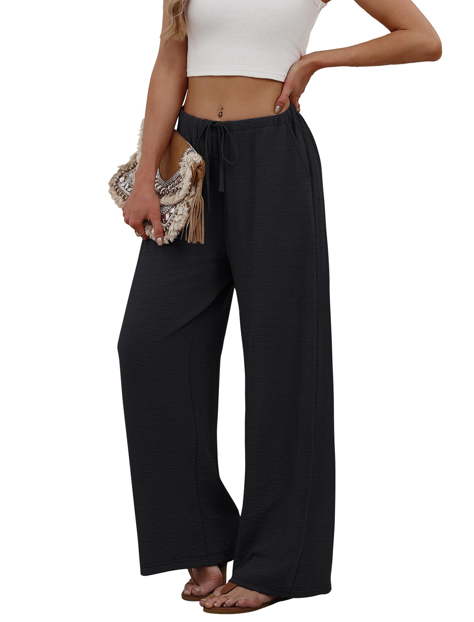 Sampeel Pants for Women Wide Leg Black Linen Pants Flowy Palazzo Fashion Clothing Boho Summer Vacation Outfits Cruise 2026 Beach Pant Business Casual Outfits Work Trousers M