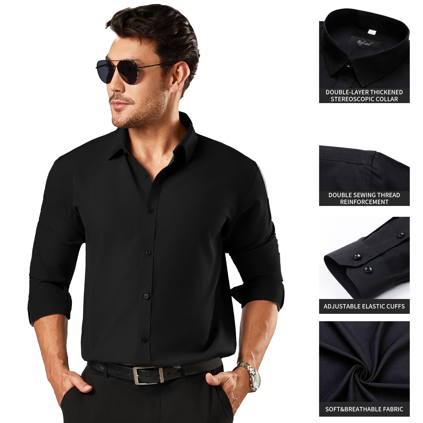 BEFRIED Dress Shirts for Men Big and Tall(Size XL Big-6XL Big Tall) Button Down Long Sleeve Tuxedo Black Shirts Business Casual Collared Shirt