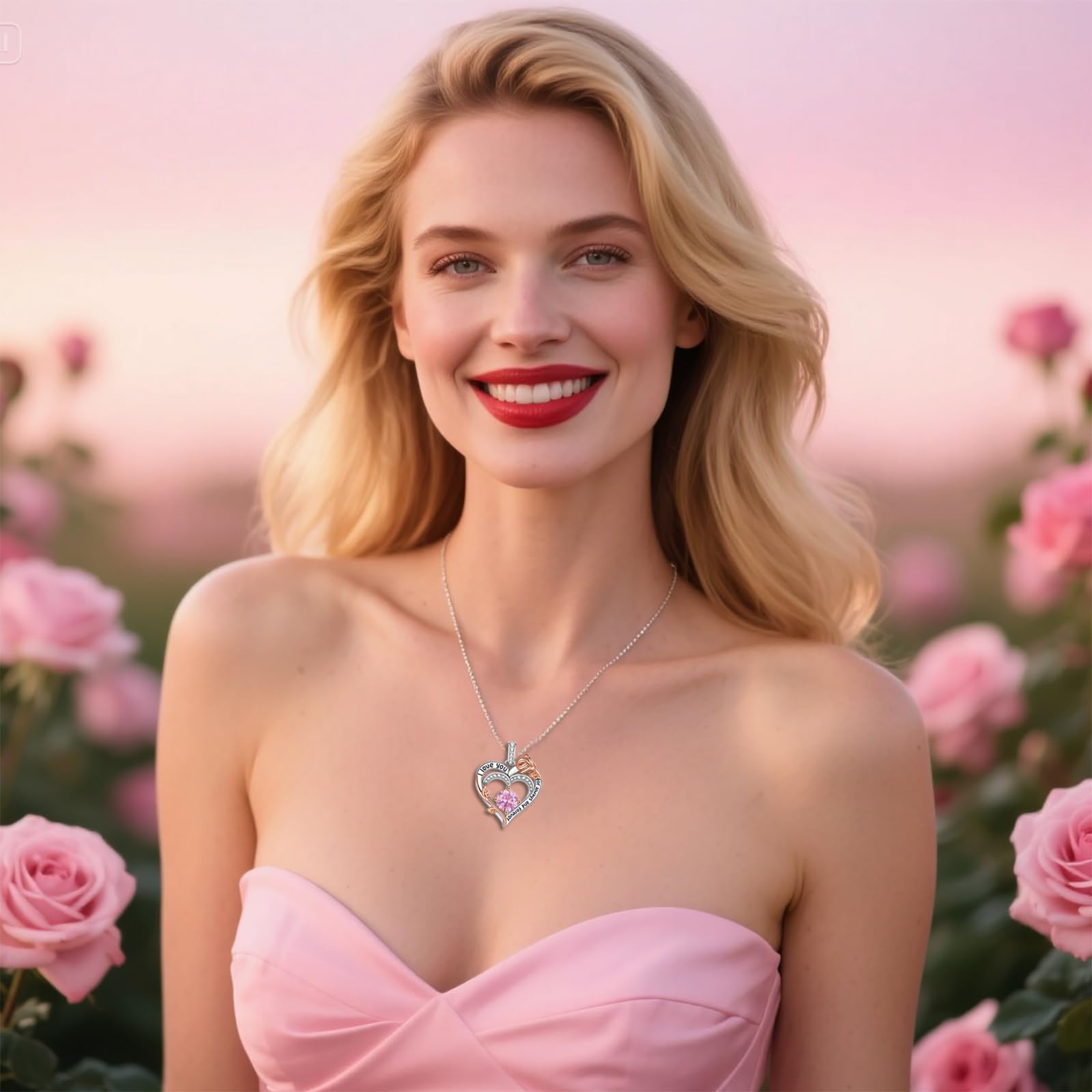Rose Birthstone Heart Necklaces for Women S925 Sterling Silver I Love You Jewelry Gift for Women Birthday Wedding Anniversary, Mother’s Day Gifts for Mom, Mother, Wife, Girlfriend with Birthstone Pendent Necklace (10-White Gold-Oct)