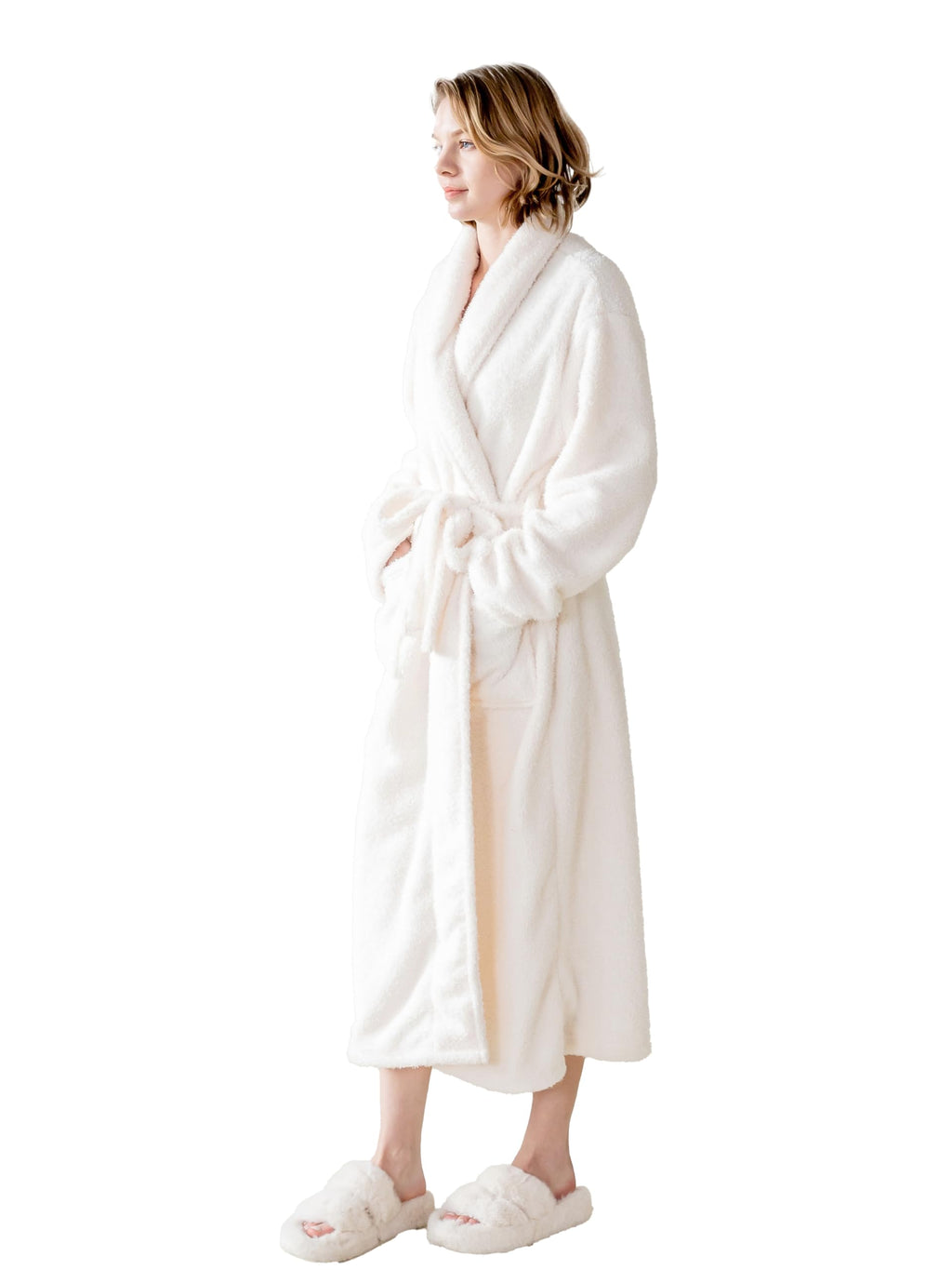 KORBLISS Robes for Women – Premium Plush Fleece Long Bathrobe for Women with Shawl Collar, Soft Warm Womens Robe with Pockets and Belt, White, Large