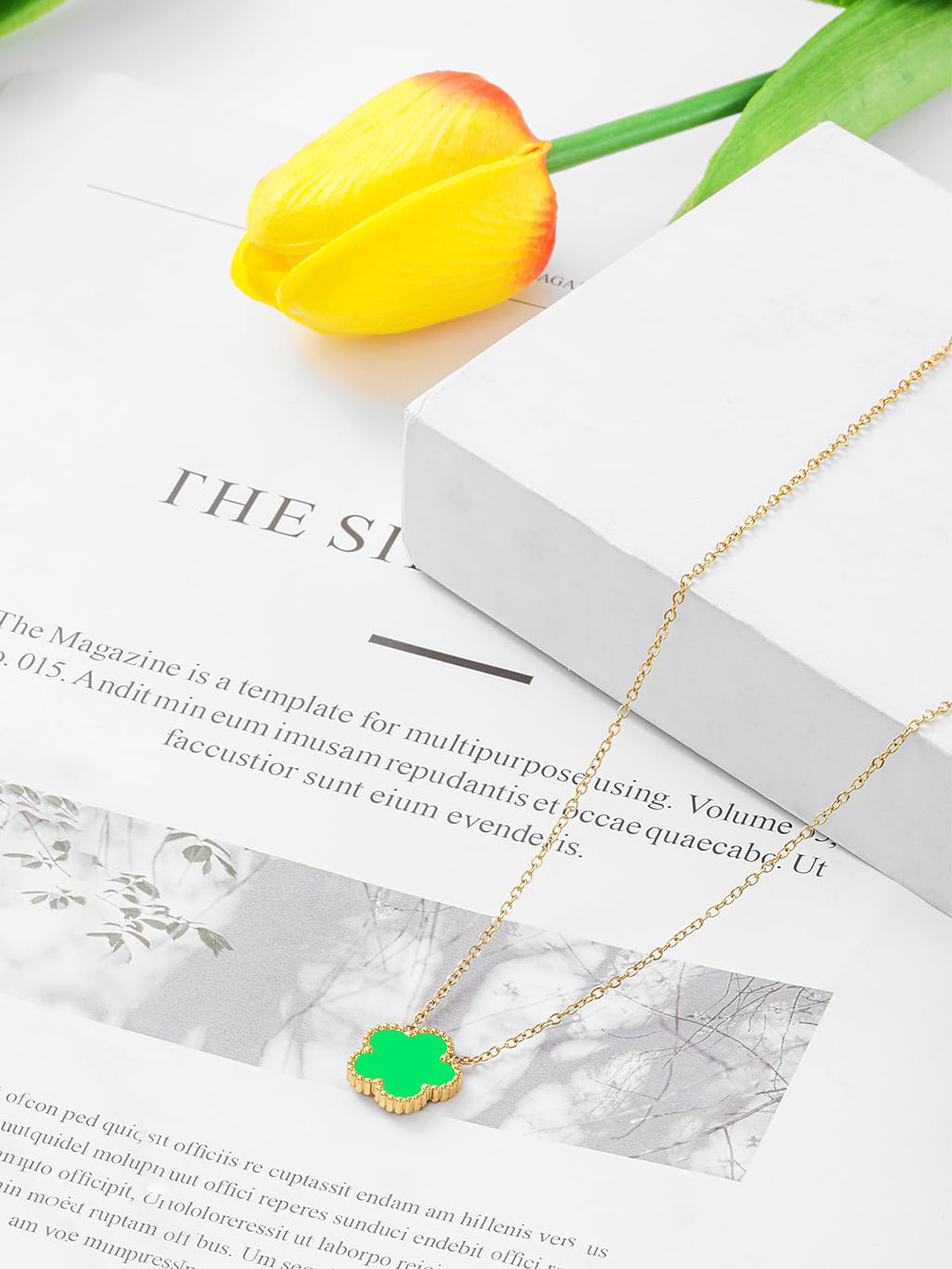 Qinpan 14K Gold Four Leaf Clover Necklaces for Women Lucky Flower Jewelry (Lime Green-14K Gold)