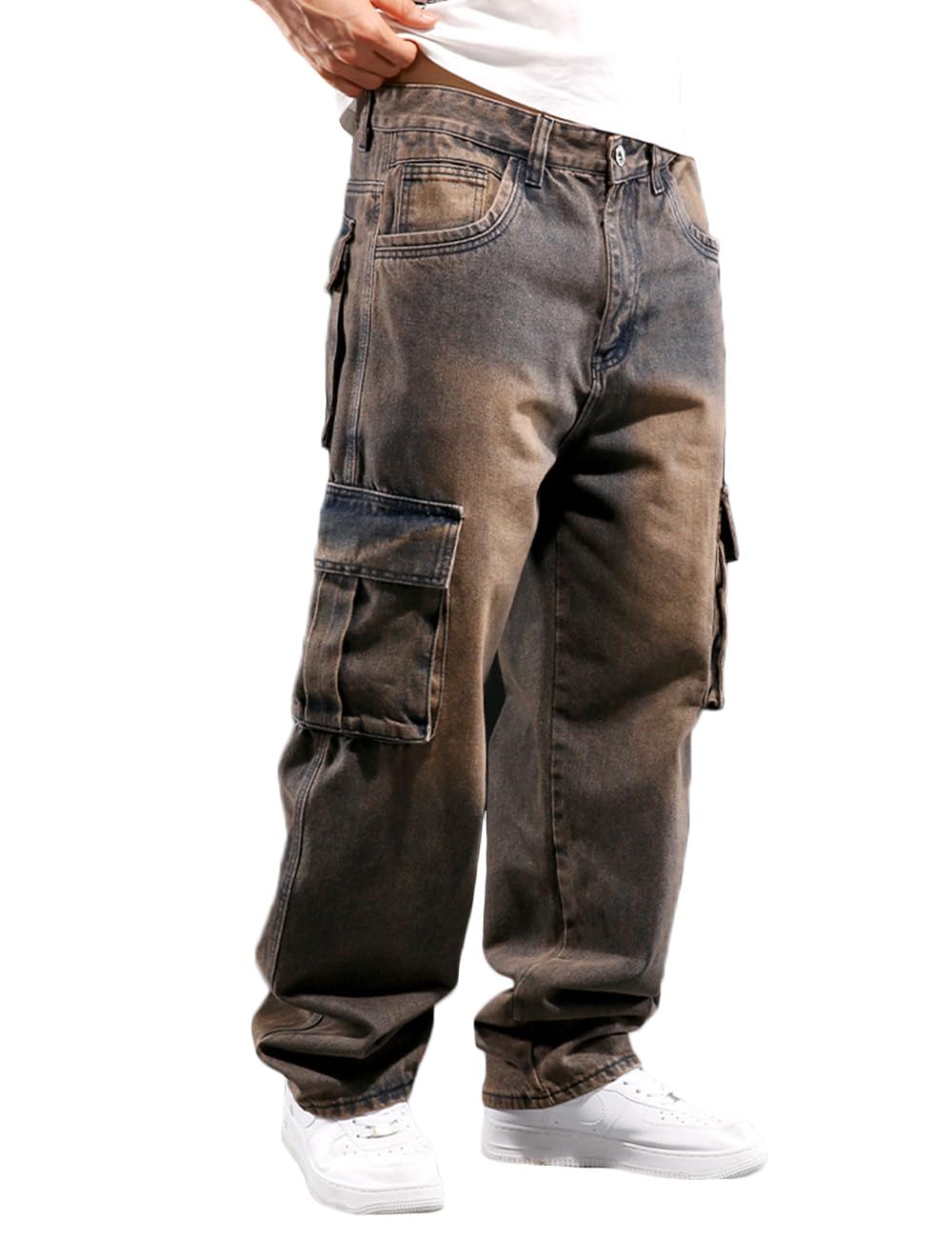 Nutriangee Men's Casual Baggy Cargo Workwear Jeans Loose Fit Straight Leg Hip Hop Denim Pants Yellow 44