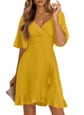 Dokotoo Dress for Women Summer Wrap V Neck Short Sleeve Smocked Elastic Waist Tiered Belted Ruffle Hem Mini Dress Party Dress Cocktail Dress Citrus L
