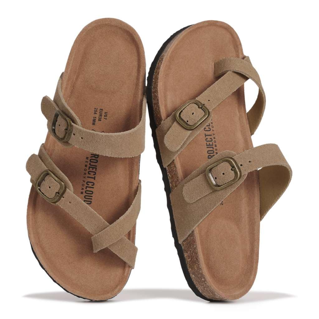 Project Cloud 100% Genuine Leather Womens Sandals -Lightweight Womens Slides Memory Foam Insole & Cork Footbed Sandals Women - Non-Slip Beach Essentials Summer Sandals for Women 2026(Lian,CHSTNUT,9)