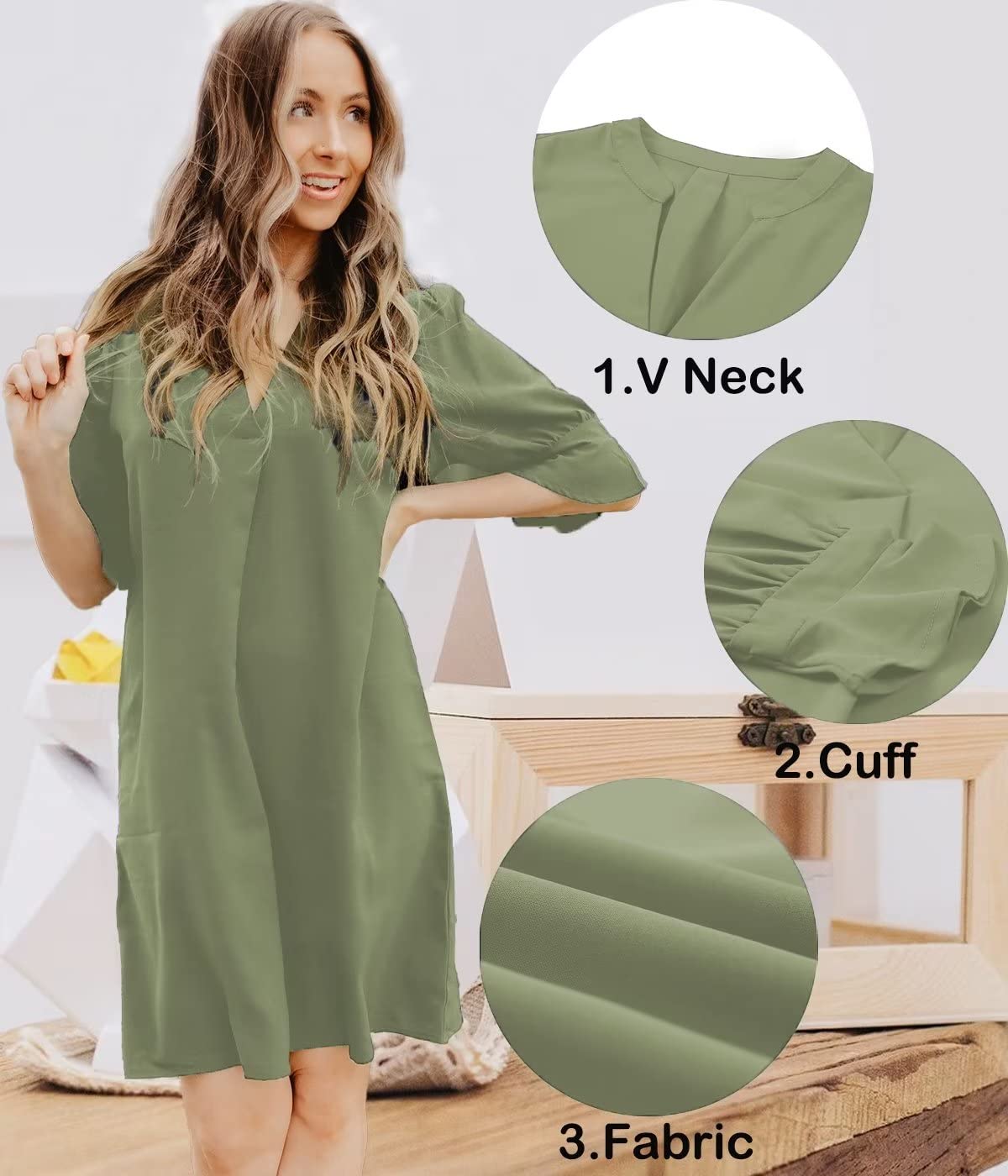 QACOHU Women's Ruffle Dresses Short Sleeve V-Neck Straight Casual Elegant Solid Color Simple Tunic Dress Light Green L