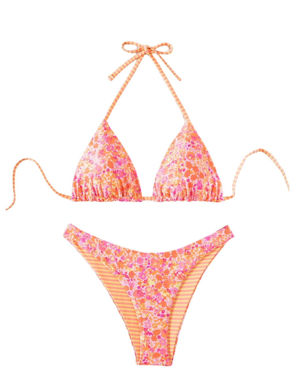 WDIRARA Women's 2 Piece Floral Striped Bikini Set Halter String Thong Swimsuit High Cut Bathing Suit Multicolor Small