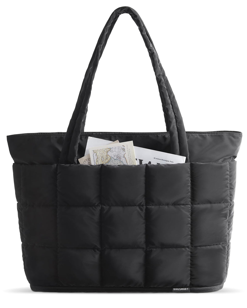 BAGSMART Expandable Tote Bag for Women, Puffer Work Tote Handbag, Quilted Carry On Bag for Travel Gym, Black, Large