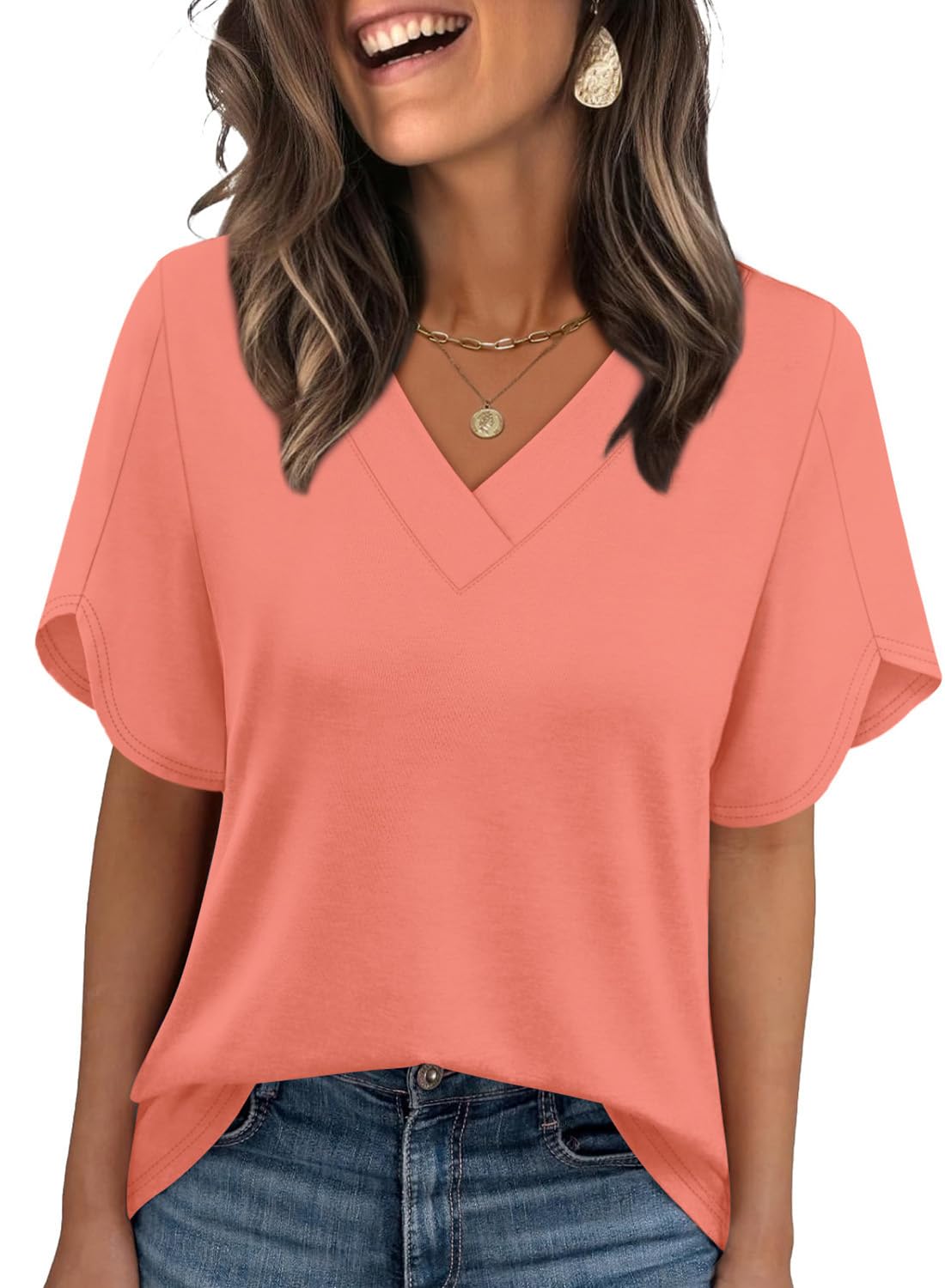 WIHOLL Plus Size Spring Break Essentials Summer Tops Short Sleeve Shirts V Neck Flowy Tops and Blouses Dressy Casual Fahion Clothing Coral XXL