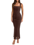 REORIA Summer Wedding Guest Maxi Dresses for Women Sleeveless Square Neck Sheer Mesh Ruched Bodycon Long Dress Trendy Clothes Shaved Chocolate X-Small