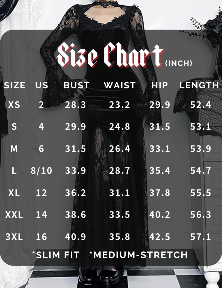 LANSHULAN Gothic Slim Lace Contract Fishtail Long Goth Dress Clothes Black