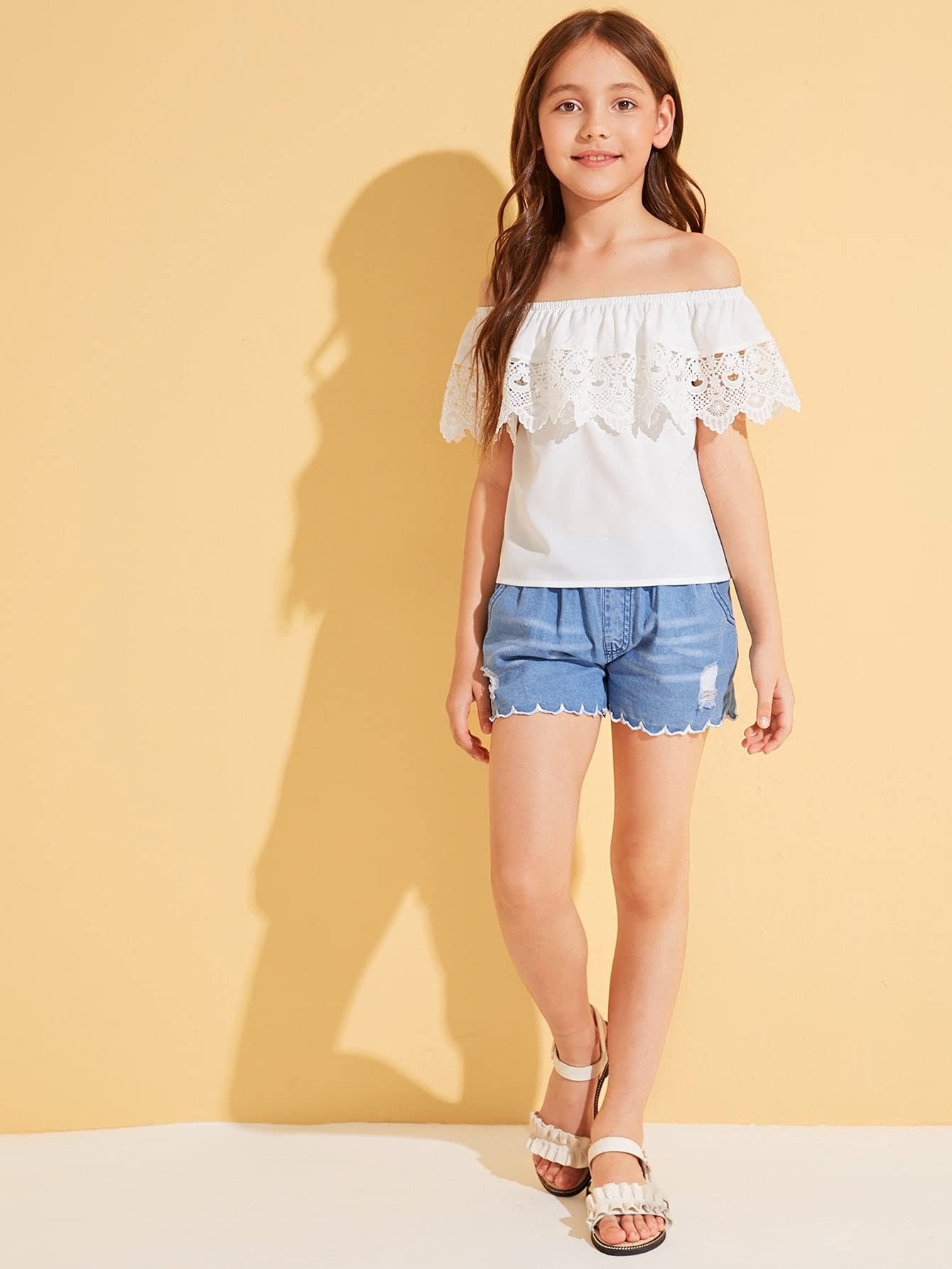 WDIRARA Girl's Off The Shoulder Ruffle Trim Lace Short Sleeve Blouse Top White 11-12Y