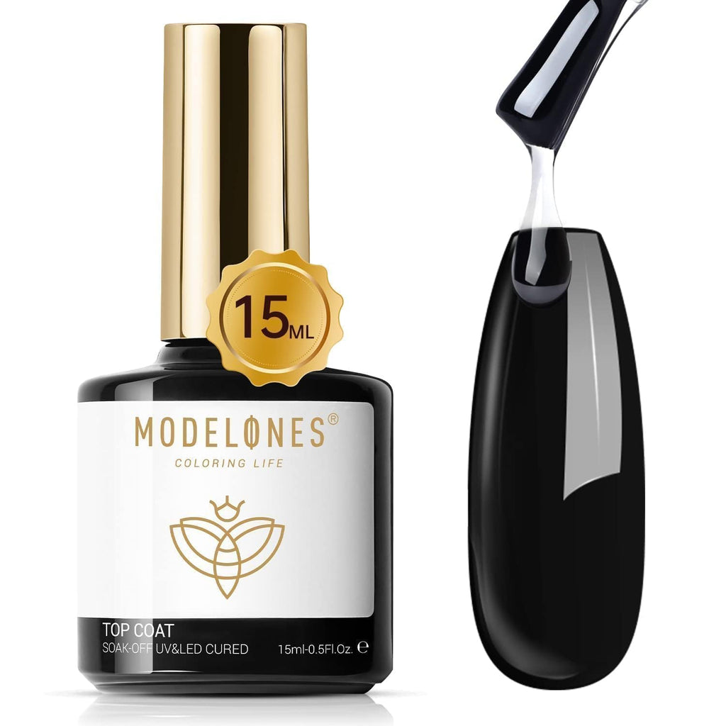 modelones Gel Top Coat, 15ml No Wipe Gel Nail Polish High Gloss Top Coat Shiny Long Lasting Clear Top for Acrylic Nails, Need U V/LED Lamp for Home DIY Gift Winter Valentine's Manicure Salon