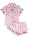 LILLUSORY Silk Satin Pajama Set for Women 2 Piece Lounge Pjs Winter Matching Summer Sleepwear Button Down Shirt Shorts Pink M