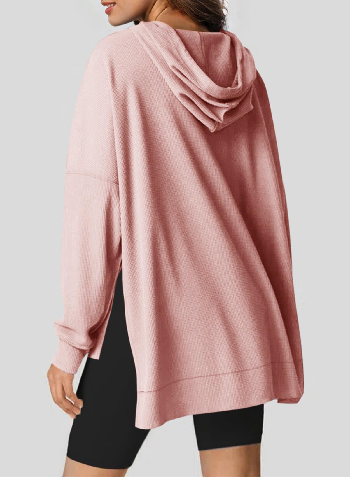 Dokotoo Womens Hoodie Casual Long Sleeve Oversized Hoodies for Women 2025 Fall Winter Clothes Outfits Waffle Knit Solid Color Drawstring Hooded Sweatshirts Tops with Pocket Pink Small
