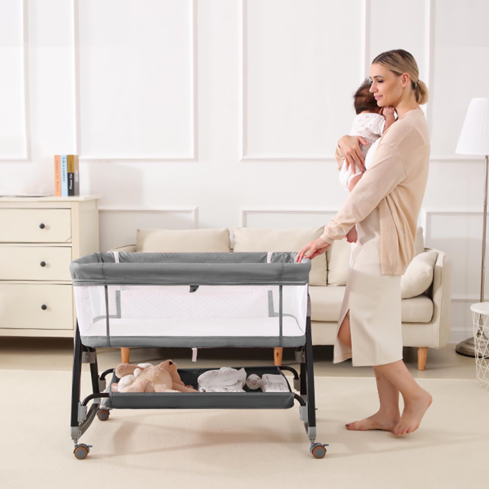 wayfong Baby Bassinet, Bassinet Bedside Sleeper with Wheels, Breathable Mesh Bedside Bassinet for Baby, Mosquito Net, Storage Basket, 6 Height Adjustable, Easy to Assemble