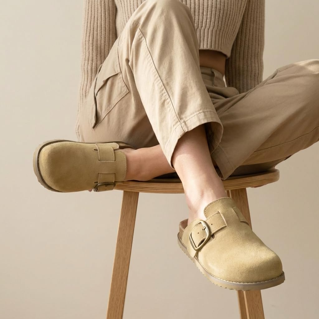 CUSHIONAIRE Blain Genuine Suede Clogs for Women | Slip-On Mules with Memory Foam & Oversized Buckle | Non-Slip Comfort Clogs & Mules Shoes for Women, Sand 10W