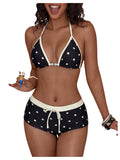 WDIRARA Women's Polka Dots 2 Piece Swimsuit Triangle Halter Bikini Set Boyshorts Bathing Suit Black Medium