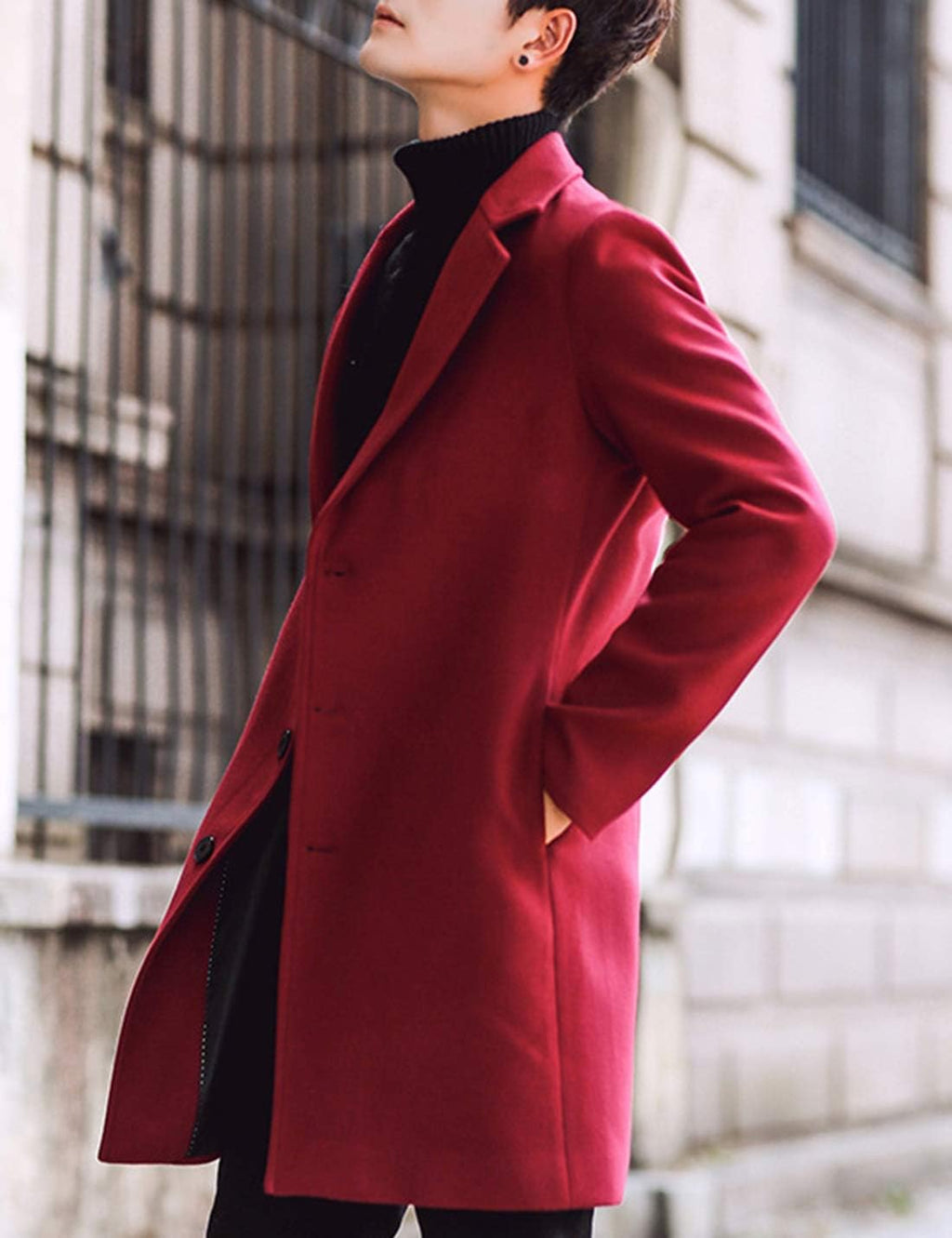 Springrain Men's Wool Blend Pea Coat Notched Collar Single Breasted Overcoat Warm Winter Trench Coat(Red-S)