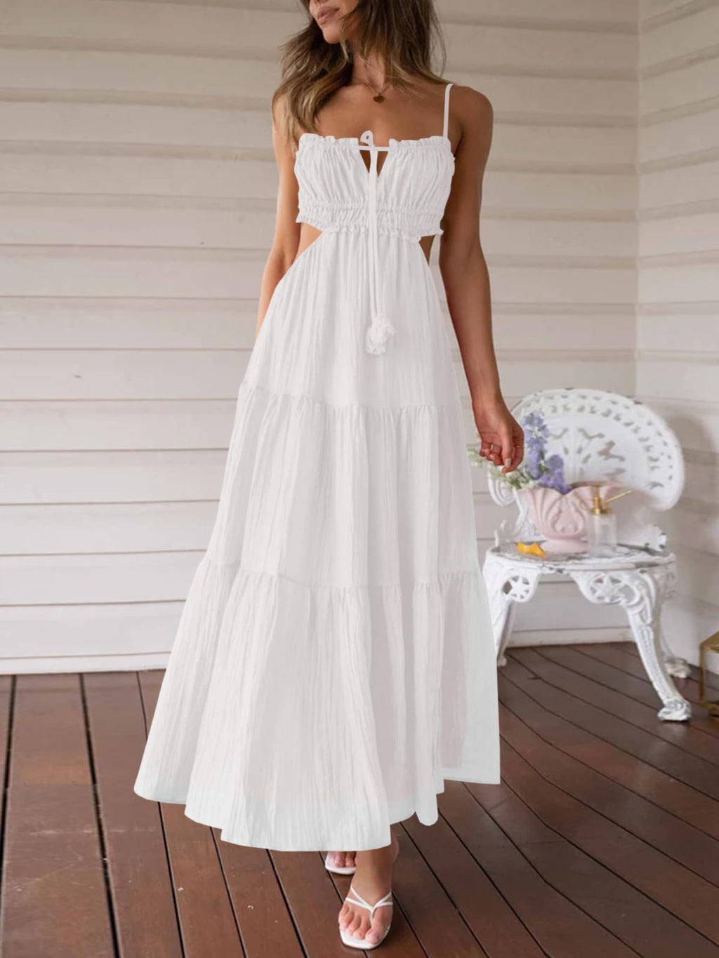 Fisoew Women's Spaghetti Strap Maxi Dress Summer Sleeveless Side Cut Out Dress Casual Boho Backless Flowy Long Dresses White