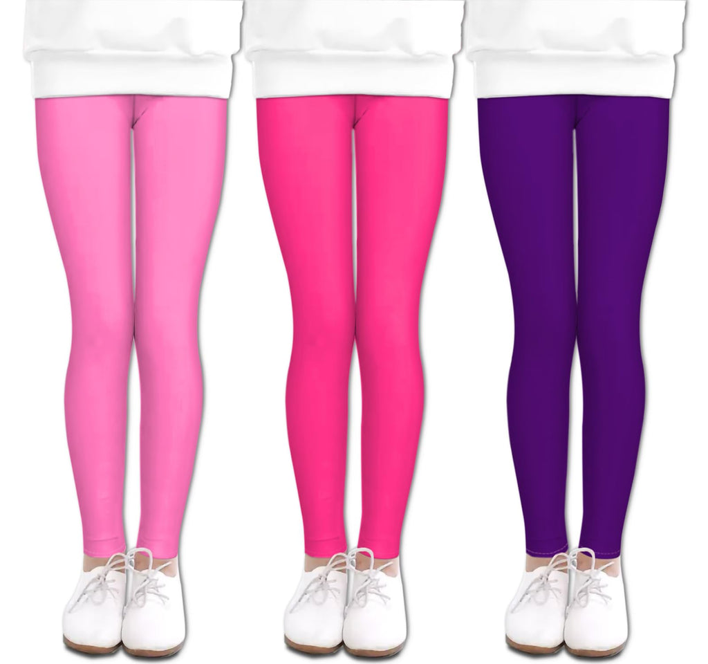 LUOUSE Girl's 3 pack Full Length Comfy Yoga Pants, 01 Cute Pink Pureple Rose, 8-9 Years