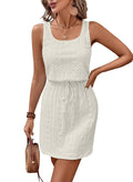 Acelitt Spring Summer Tank Dresses for Women 2026 Hollow Out Textured Drawstring Mini Dress Beach Vacation Outfits White Medium