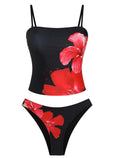 ZAFUL Women's Floral Tankini Swimsuits Bandeau Tummy Control High Cut Tankini Set Two Piece Bathing Suit(1-Red Flower, M)