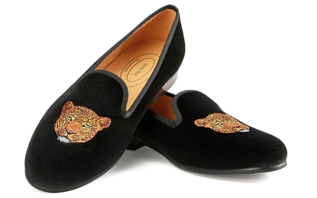 Journey West Men's Velvet Loafers Embroidery Slip-On Loafers Tuxedo Dress Shoes Smoking Slippers for Men Leopard Black 12